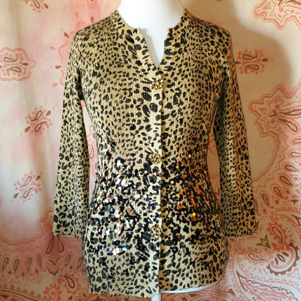Sequins Leopard Cardigan. Cheetah. Rhinestone Gold
